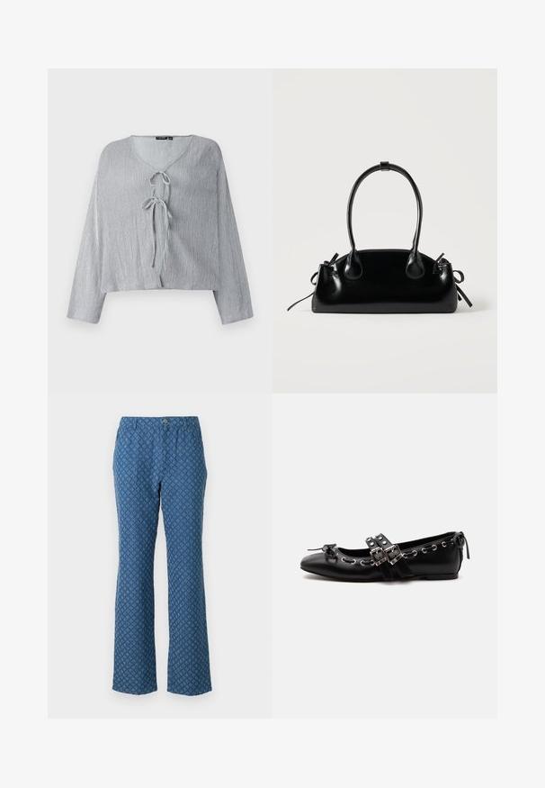 Blusa corta de color gris claro con manga larga, escote en V y cierre con lazo en el frente. La tela texturizada muestra líneas verticales sutiles.; Pantalones azules de diseño acampanado, con un patrón de diamantes y un cierre de botón en la parte delantera. Textura de tela suave.; Zapato de ballet plano negro con correas de doble hebilla, ojales plateados y un pequeño lazo cerca de la puntera redondeada sobre un fondo blanco.; Pequeño bolso negro brillante con dos asas largas y detalles de cordón lateral sobre un fondo claro liso.