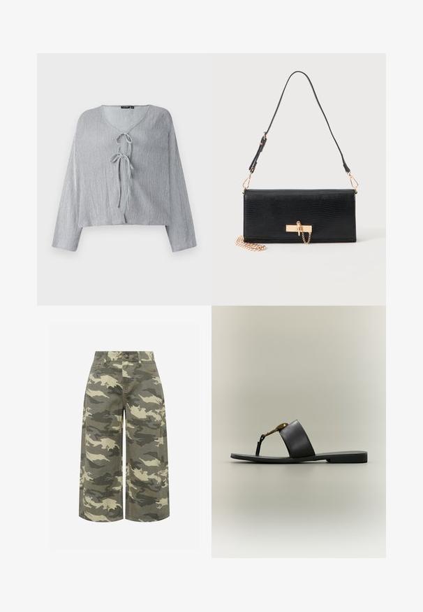 Blouse courte gris clair avec des manches longues, encolure en V et fermeture par lien à l'avant. Le tissu texturé présente des lignes verticales subtiles.; Pantalon court à jambes larges avec motif camouflage vert, beige et gris, bouton à l'avant, fermeture éclair et passants pour ceinture.; Sandale plate noire à bride large en cuir, entre-doigt et détail métallique circulaire doré, présentée de profil sur fond neutre.; Sac à main rectangulaire noir avec motif texturé, fermoir doré et détail chaîne, et une fine bandoulière réglable.