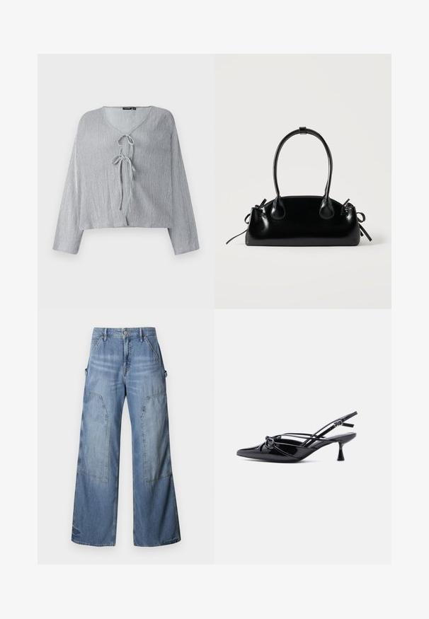 Vaaleanharmaa lyhyt pusero, jossa on pitkät hihat, V-pääntie ja etusolki. Teksturoidussa kankaassa on hienovaraisia pystysuoria viivoja.; Good American GOOD EASE RELAXED - Relaxed fit -farkut - indigo; Musta kiiltävä nahkainen slingback-korkokenkä, jossa on terävä kärki, matala leikkisä korko ja koristeellinen solmittu rusetti edessä.; Pieni musta kiiltävä käsilaukku, jossa on kaksi pitkää kantokahvaa ja sivulla nyöritys yksityiskohtia yksinkertaisella vaalealla taustalla.