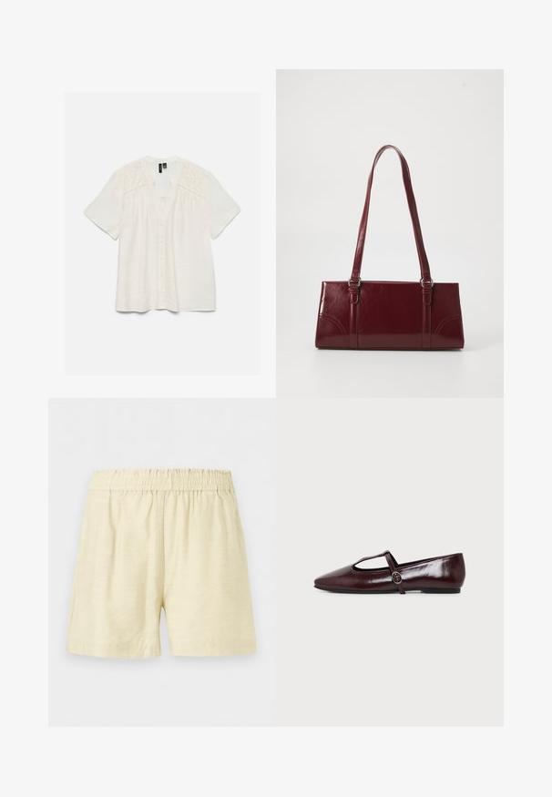 Blouse blanche à manches courtes avec boutonnière sur le devant et broderie florale découpée aux épaules et en haut de la poitrine.; Short beige à taille élastique, coupe décontractée et longueur mi-cuisse, en tissu léger.; Chaussure plate en cuir bordeaux foncé avec un bout pointu et une fine bride en T avec une boucle argentée sur fond blanc.; Sac à main bordeaux en matériau brillant, de forme rectangulaire, avec deux anses et des accents légèrement courbés à l'avant.