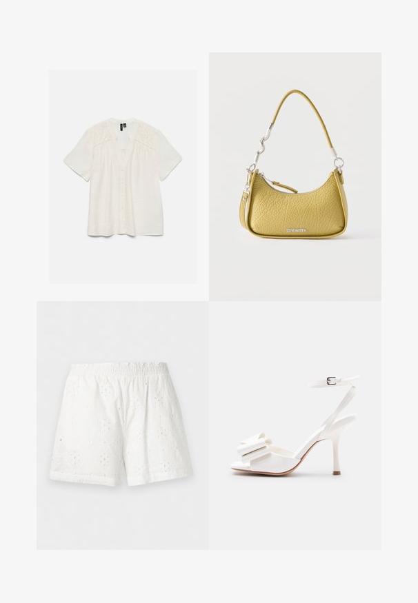 Blouse blanche à manches courtes avec boutonnière sur le devant et broderie florale découpée aux épaules et en haut de la poitrine.; Short blanc à taille élastique avec broderie œillet florale et tissu légèrement texturé.; Sandale blanche à talon haut avec bride à la cheville, bout ouvert et nœud décoratif sur la bride avant sur un fond uni.; Petit sac à main texturé jaune avec fermeture éclair incurvée sur le dessus, poignée courte ondulée, bandoulière amovible et logo Steve Madden en argent.