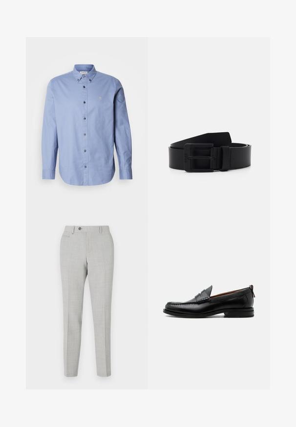 Camisa de botones azul claro con mangas largas, hecha de una tela suave. Presenta un cuello clásico, botones negros y un pequeño logo en el pecho.; Pantalones grises a medida con un sutil patrón de cuadros, fabricados en una tela ligera. Cuentan con un cierre de botón y bolsillos laterales. Silueta ajustada.; Mocasín de hombre de piel negra con costura moc toe, tira penny, cuello texturizado y tacón bajo apilado sobre fondo blanco.; Cinturón de cuero negro con un acabado mate, que presenta una hebilla metálica rectangular y una textura suave. Diseño simple sin patrones ni acentos.