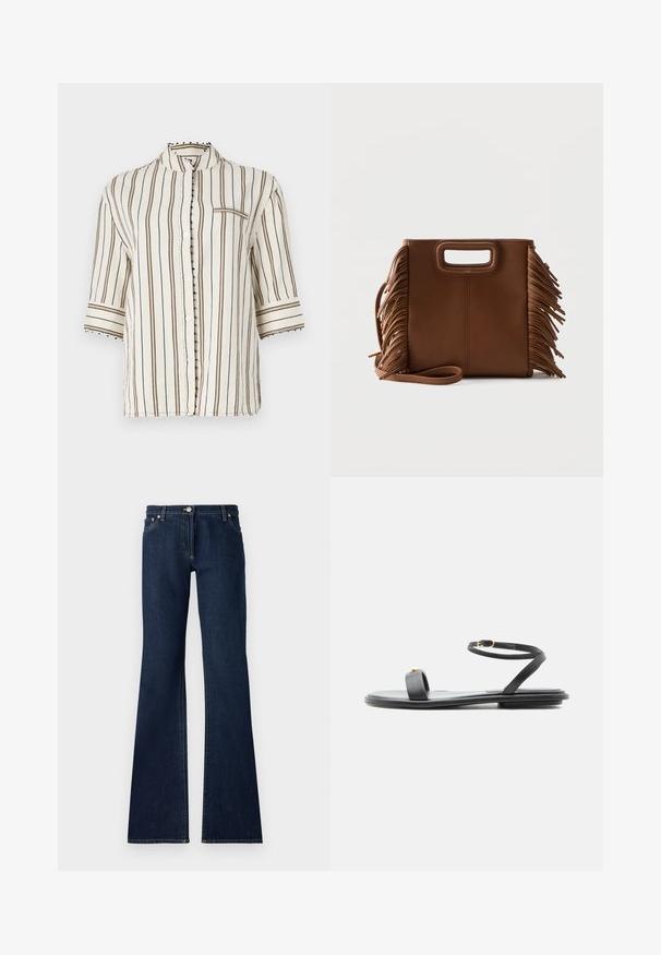 Chemise légère de couleur crème avec des rayures verticales marron, col mandarin, manches courtes et accents de boutons décoratifs le long de la patte de boutonnage.; Jean flare bleu foncé en denim, dotés d'un design à cinq poches, de passants de ceinture et de coutures jaunes contrastées le long des coutures.; Sandale plate noire avec bride fine à la cheville, boucle dorée et large bande au niveau des orteils sur un fond blanc uni.; Sac à main en cuir marron avec poignées découpées rectangulaires, longue bandoulière et détails à franges des deux côtés sur un fond uni.