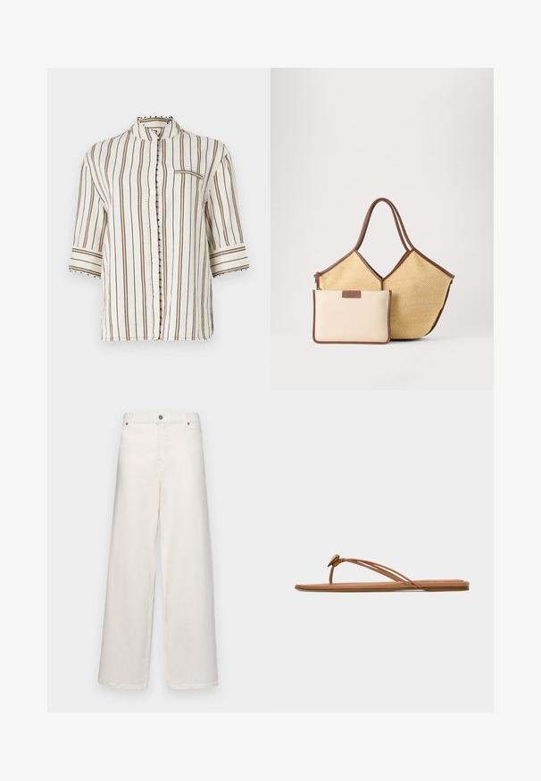 Chemise légère de couleur crème avec des rayures verticales marron, col mandarin, manches courtes et accents de boutons décoratifs le long de la patte de boutonnage.; Pantalons à jambes larges en coton couleur crème. Comprend une fermeture à bouton, des passants de ceinture et deux poches avant. Texture lisse avec un minimum de détails.; Sandale plate beige avec fines doubles lanières sur le doigt de pied et le côté, ornée d'un petit élément décoratif métallique près de la bride entre les orteils.; Sac fourre-tout tissé beige avec garniture marron et anses, accompagné d'une petite pochette beige avec bords marron et fermeture éclair.