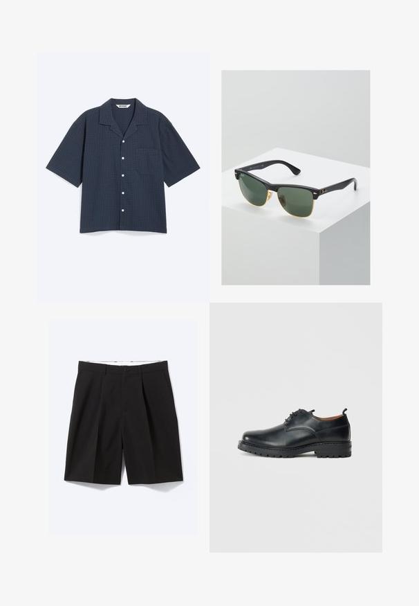Chemise bleu foncé à manches courtes boutonnée, avec un motif à carreaux discret, col pointu et une poche poitrine unique.; Shorts noirs sur mesure longueur genou avec passants de ceinture, poches latérales, fermeture par boutons et plis devant, posés à plat sur fond blanc.; Chaussures derby en cuir noir avec une texture lisse, bout rond, design à lacets et une semelle en caoutchouc épaisse et robuste.; Lunettes de soleil Ray-Ban avec des verres verts, monture en plastique noir et accents dorés sur les bords. Forme carrée avec une finition mate.
