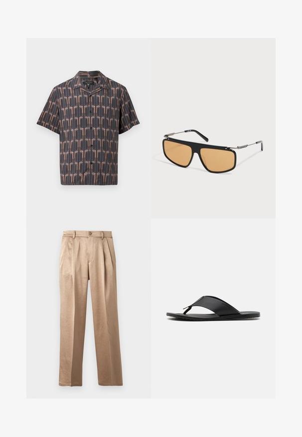Chemise à manches courtes à boutons avec un motif géométrique ovale marron et noir et un col camp.; Pantalon beige à coupe décontractée avec plis, fermeture par bouton et passants pour ceinture. Confectionné en tissu léger, avec une texture lisse et des jambes droites.; Stuart Weitzman BASTIAN - Sandales tongs - black; Lunettes de soleil à monture noire avec des verres rectangulaires teintés orange et des branches métalliques fines reposant sur une surface blanche.