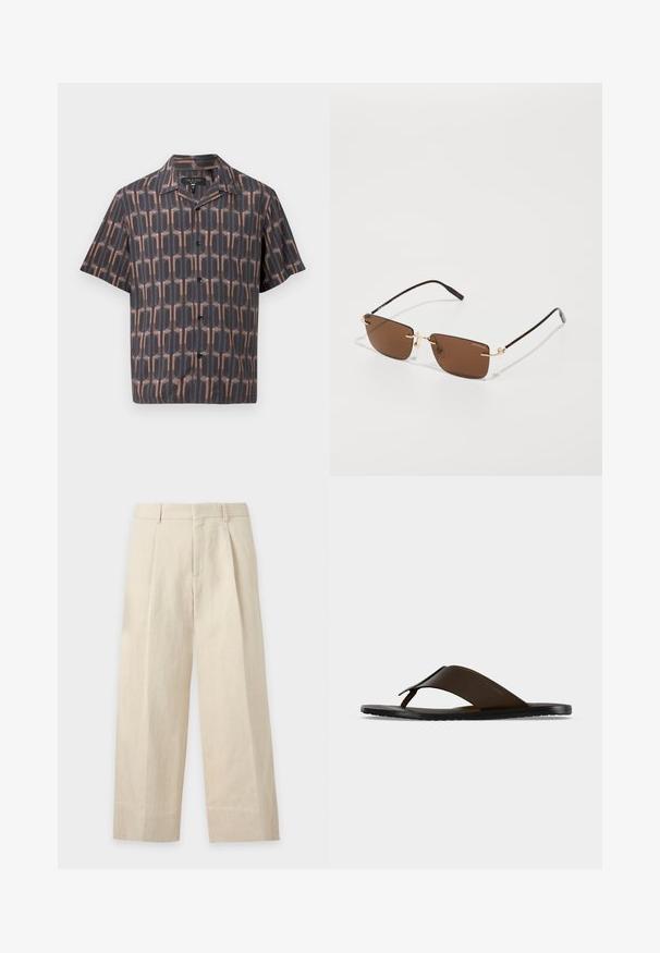 Chemise à manches courtes à boutons avec un motif géométrique ovale marron et noir et un col camp.; Pantalon beige à jambes larges avec passants de ceinture, plis devant et fermeture avant dissimulée.; Sandale tong en cuir marron foncé avec une large sangle à la cheville et une semelle plate noire, montrée de profil sur fond gris.; Lunettes de soleil rectangulaires brunes avec des accents métalliques dorés et des branches fines noires, offrant un design épuré et des verres teintés.