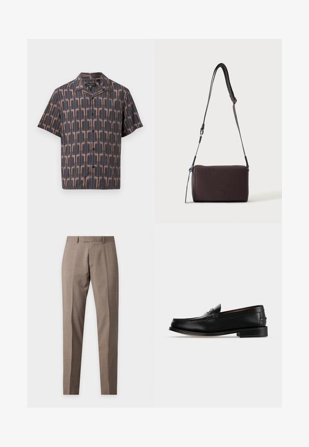 Chemise à manches courtes à boutons avec un motif géométrique ovale marron et noir et un col camp.; Pantalon beige coupe slim avec passants de ceinture et pli frontal, présenté à plat sur un fond uni.; Mocassin homme en cuir noir avec un petit talon et une couture de style mocassin sur l'avant, vu de côté sur un fond uni.; Sac bandoulière en cuir marron foncé texturé avec une sangle réglable et un petit accent décoratif bleu sur le côté.