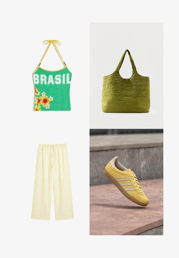 Haut dos nu vert avec bordure jaune, texte "BRASIL" et fleurs tropicales jaunes et blanches en bas à gauche.; Pantalon ample de couleur crème avec taille élastique et cordon à l'avant, fabriqué dans un tissu doux et léger.; Baskets en daim jaune avec un bout arrondi, fermeture à lacets, et trois bandes beiges sur le côté. Comporte un talon beige contrastant et un intérieur rembourré.; Sac fourre-tout vert avec un tissu texturé et froissé et de larges poignées, présenté sur un fond clair uni.