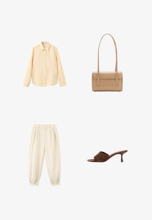 Chemise beige à manches longues avec boutons, col et poche poitrine, présentée sur un fond blanc.; Pantalon fuselé taille haute couleur crème avec plis à l’avant, poches latérales et ourlets retournés.; Mule en daim marron à bout ouvert, talon en bois incurvé de hauteur moyenne et design à enfiler sur fond blanc.; Sac à main épaule en cuir beige avec longues sangles et fermeture à rabat avant sur fond blanc.