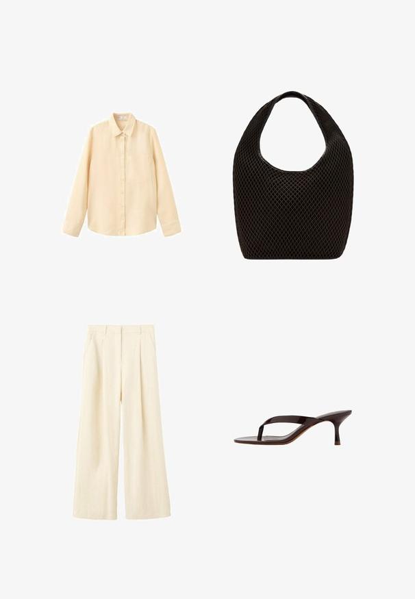 Chemise beige à manches longues avec boutons, col et poche poitrine, présentée sur un fond blanc.; Pantalon large couleur crème avec plis devant et poches latérales, avec fermeture avant dissimulée.; Sandale à talon en cuir verni noir avec bride entre les orteils et un talon petit kitten élancé de hauteur moyenne, vue de côté sur fond blanc.; Sac cabas noir en maille à tissage ouvert avec poignée supérieure arrondie et corps large et incurvé.