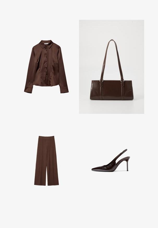 Chemise boutonnée en satin marron avec un col pointu, des manches longues et une texture lisse. Présente des poches avant et une coupe décontractée.; Pantalons larges marron en tissu doux, avec une taille haute, des détails de couture verticaux et une texture lisse.; Chaussure à talon haut pour femmes en cuir marron foncé, avec bride arrière, bout pointu et talon aigu slim, sur fond blanc.; Sac à main en cuir verni marron de forme rectangulaire, avec deux longues poignées et des accents courbés subtils à l'avant.