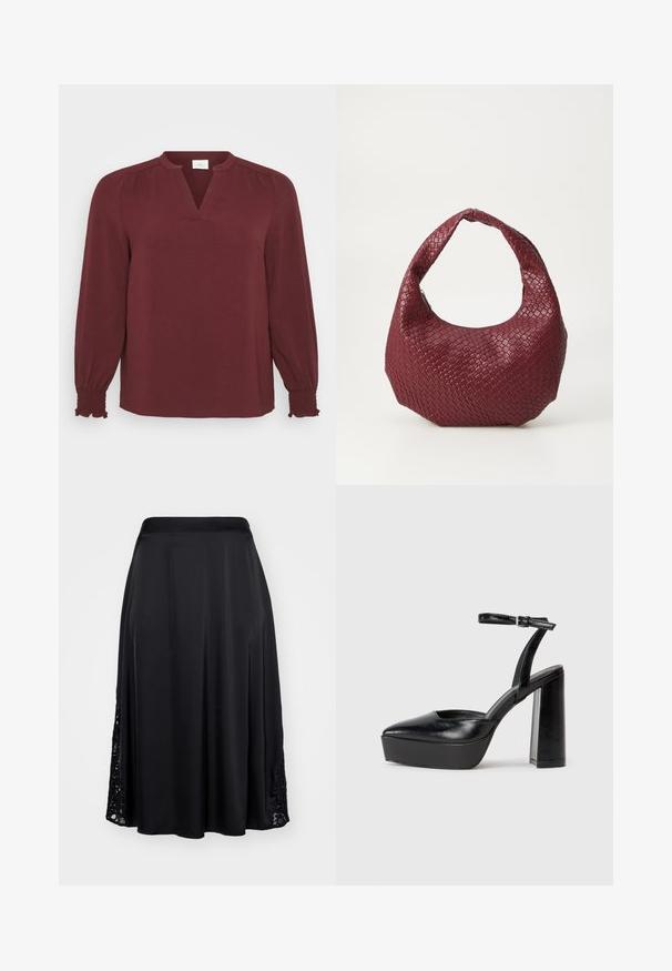 Bordeaux blouse met lange mouwen, V-hals, plissé details bij de schouders en smock manchet. Gemaakt van textiel met een lichte, gestructureerde stof.; Zwarte satijnen rok met een middellange ontwerp. Voorzien van kantdetails langs de zijnaad, een soepele textuur en een getailleerde tailleband.; Zwarte plateauhakken met een puntige neus en verstelbare enkelband. Gemaakt van soepel leer, met een robuuste blokhak.; Geweven bordeaux handtas met een afgeronde silhouet, een enkele handgreep en een gestructureerde afwerking. Ritssluiting aan de bovenkant.