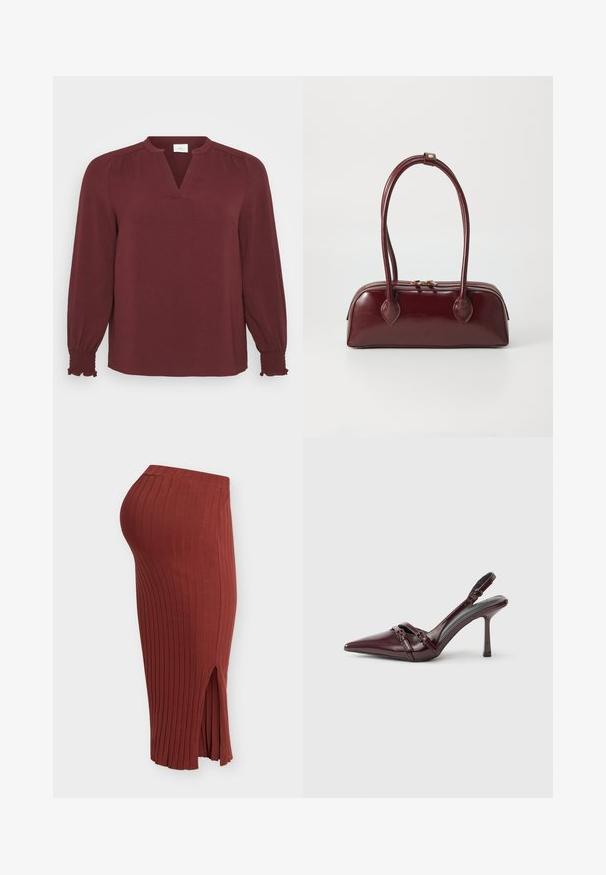 Bordeaux blouse met lange mouwen, V-hals, plissé details bij de schouders en smock manchet. Gemaakt van textiel met een lichte, gestructureerde stof.; Roestkleurige geribbelde gebreide midi-rok met een hoge taille en een zijsplit, gepresenteerd op een eenvoudige lichte achtergrond.; Bordeauxrode lakleren slingback met puntige neus, dunne enkelband en kleine decoratieve gespsluiting. Gladde textuur en hoge hak.; Bordeaux leren handtas met een gebogen vorm, dubbele handvatten, ritssluiting en subtiele stiksels. Gladde, hoogglanzende afwerking.