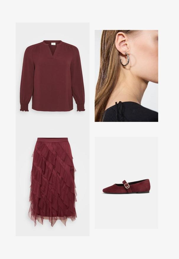 Blusa burdeos con mangas largas, escote en V, detalles plisados en los hombros y puños fruncidos. Está hecha de una tela texturada y ligera.; Falda de tul en burdeos con capas en diferentes niveles y una cinturilla ajustada, que presenta capas con volantes que crean un aspecto texturizado y fluido.; Zapato Mary Jane plano de ante burdeos con correa de hebilla dorada y suela negra, mostrado de lado sobre un fondo blanco.; Pendiente de aro de plata con un acabado pulido, que presenta pequeños detalles en dorado y una forma redonda, llevado en el lóbulo.