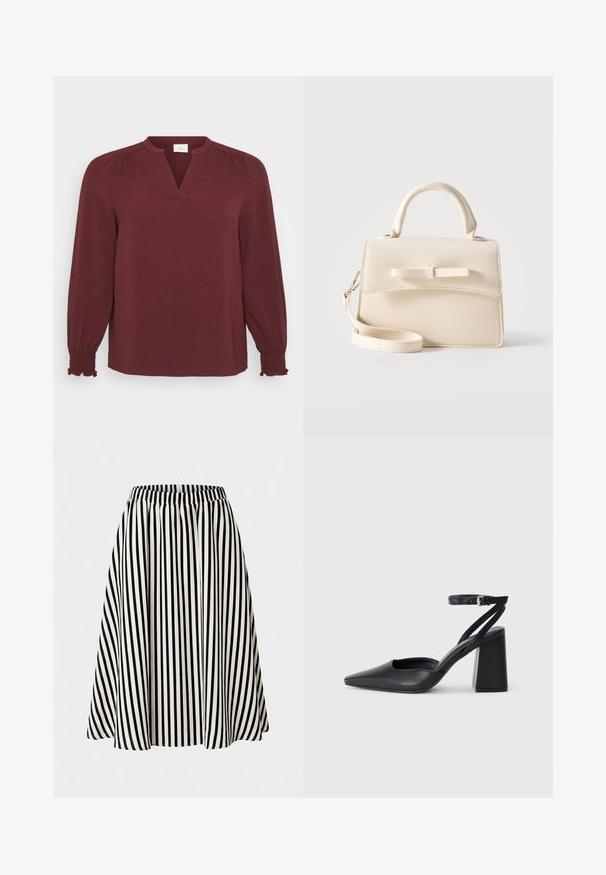 Bordeaux blouse met lange mouwen, V-hals, plissé details bij de schouders en smock manchet. Gemaakt van textiel met een lichte, gestructureerde stof.; Zwart-wit gestreepte A-lijn rok met verticale strepen, elastische tailleband, knie lengte, uitlopende silhouet, getoond op een effen achtergrond.; Zwarte leren puntige pump met een enkelbandje en een chunky hak. Vlakke textuur, strakke vormgeving en minimalistische esthetiek.; Kleine beige handtas met bovenhandvat, afneembare riem, voorflap en decoratieve horizontale strik op een effen achtergrond.