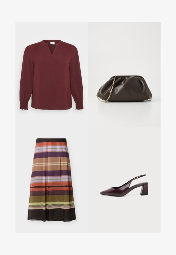 Bordeaux blouse met lange mouwen, V-hals, plissé details bij de schouders en smock manchet. Gemaakt van textiel met een lichte, gestructureerde stof.; Lange A-lijn rok met horizontale strepen in oranje, paars, bruin, groen, roze en beige tinten, met een zwarte tailleband.; Donker bordeauxkleurige leren slingback schoen met puntige neus en blokhak, met een kleine gouden gesp op het enkeltje.; Bruine leren handtas met een geaccentueerd ontwerp, gouden kettinghengsel en een zachte, textuurafwerking. Compacte vorm geschikt voor avondgebruik.