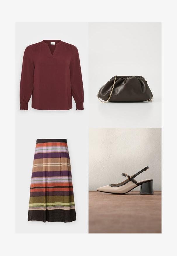 Burgundy-paitainen paita, jossa on pitkät hihat, V-niskan muotoinen kaula-aukko, pleated-yksityiskohtia olkapäillä ja smockatut hihat. Valmistettu teksturoidusta, kevyestä kankaasta.; Pitkä A-linjainen hame, jossa vaakasuoria raitoja oranssin, purppuran, ruskean, vihreän, vaaleanpunaisen ja beigen sävyissä, ja musta vyötärönauha.; Beige satiininilkkainen korkokenkä, jossa on kärkiosa käyrästi terävä, mustat reunukset ja solkisomiste. Sileä materiaali mattapintaisena, keskikorkea lohkokorko.; Ruskea nahkalaukku, jossa on kerroksellinen muotoilu, kultaketjukahva ja pehmeä, teksturoitu pinta. Kompakti muoto, joka sopii iltakäyttöön.