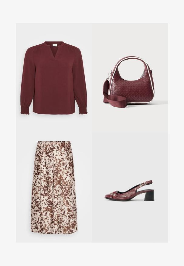 Bordeaux blouse met lange mouwen, V-hals, plissé details bij de schouders en smock manchet. Gemaakt van textiel met een lichte, gestructureerde stof.; Middelange rok van gladde stof, met een crème basis en bruine, spetterachtige patronen. Elastische tailleband voor comfort.; Bordeaux leren slingback schoen met een ronde neus, gebogen ontwerp, zilveren hardware accenten en een blokhak. Textuurafwerking.; Donkerrode geweven leren handtas met gebogen handvat, witte bies, zilveren rits en afneembare brede stoffen schouderriem tegen een effen achtergrond.