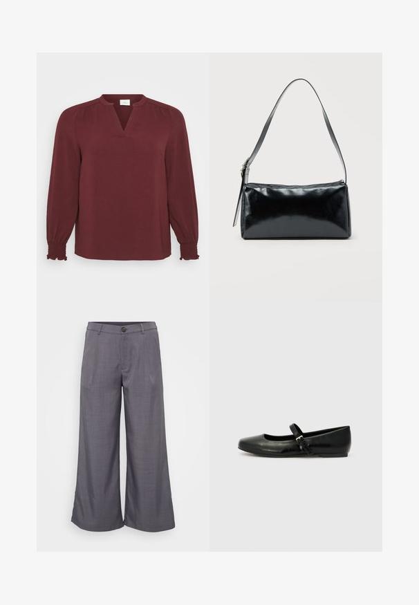 Bordeaux blouse met lange mouwen, V-hals, plissé details bij de schouders en smock manchet. Gemaakt van textiel met een lichte, gestructureerde stof.; Grijze wijde broek van soepel materiaal, met een knoopsluiting aan de voorkant, plooien en een ontspannen pasvorm tot aan de enkels.; Zwarte leren balletschoenen met een ronde neus, een platte zool en een dunne verstelbare band over de wreef met een metalen gesp.; Zwarte rechthoekige schoudertas met een enkele verstelbare band en een bovenste ritssluiting op een effen achtergrond.