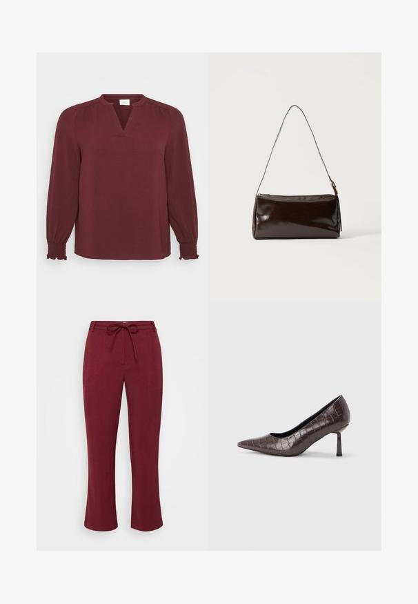 Blusa burdeos con mangas largas, escote en V, detalles plisados en los hombros y puños fruncidos. Está hecha de una tela texturada y ligera.; Pantalones burdeos fabricados con un tejido texturizado, con cinturilla con cordón y corte recto. Sin bolsillos ni herrajes visibles.; Tacones puntiagudos de cuero sintético marrón con textura de cocodrilo, con un tacón delgado y angular y un forro interior suave.; Bolso de hombro rectangular de cuero marrón oscuro con una única correa delgada y hebilla dorada sobre un fondo liso.