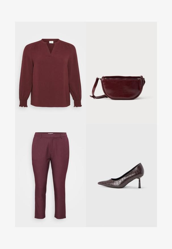 Burgundy-paitainen paita, jossa on pitkät hihat, V-niskan muotoinen kaula-aukko, pleated-yksityiskohtia olkapäillä ja smockatut hihat. Valmistettu teksturoidusta, kevyestä kankaasta.; Punat räätälöidyt housut, jotka on valmistettu teksturoidusta kankaasta. Niissä on tasainen etuosa, vyölenkit ja kapeat lahkeet, joiden pituus on lyhennetty.; Ruskeat keinonahkaiset, kärjestä terävät korot, joissa krokotiilikuosinen pinta, ohut kulmikas kenkäkulma ja sileä sisäpinta.; Viininpunainen nahkainen käsilaukku, jossa on puolikuun muotoinen muoto, vetoketjullinen suljenta ja irrotettava hihna. Sileä pinta, jossa hienovarainen kiilto.