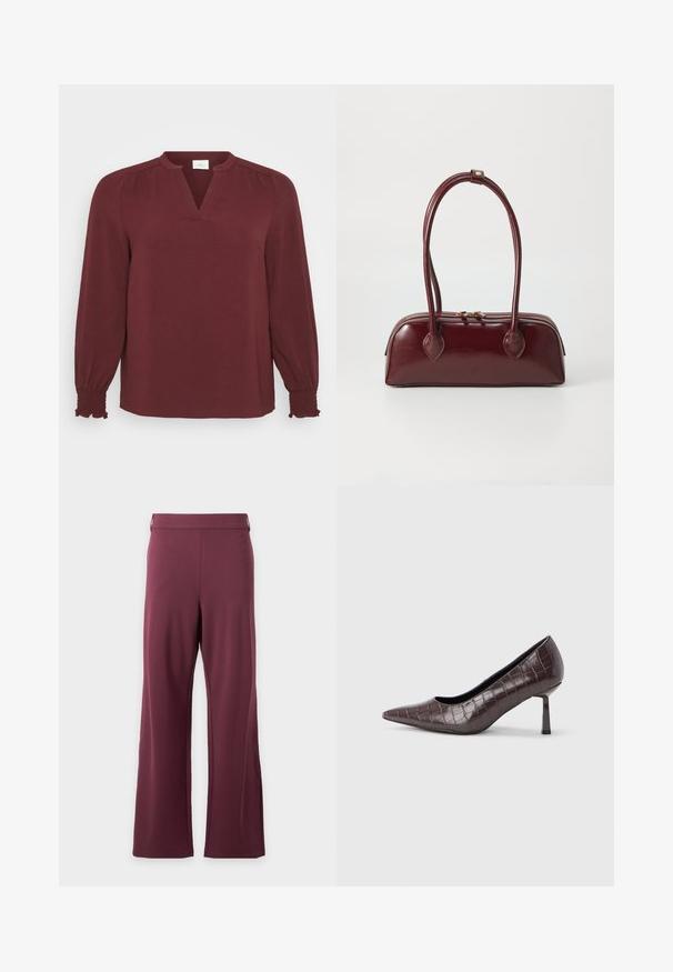 Blusa burdeos con mangas largas, escote en V, detalles plisados en los hombros y puños fruncidos. Está hecha de una tela texturada y ligera.; Pantalones de talle alto y pierna ancha en un morado oscuro sólido, con una cintura lisa y sin bolsillos o patrones visibles.; Tacones puntiagudos de cuero sintético marrón con textura de cocodrilo, con un tacón delgado y angular y un forro interior suave.; Bolso de piel burdeos con forma curva, asas dobles, cierre de cremallera y sutilezas en los detalles de costura. Acabado suave y brillante.
