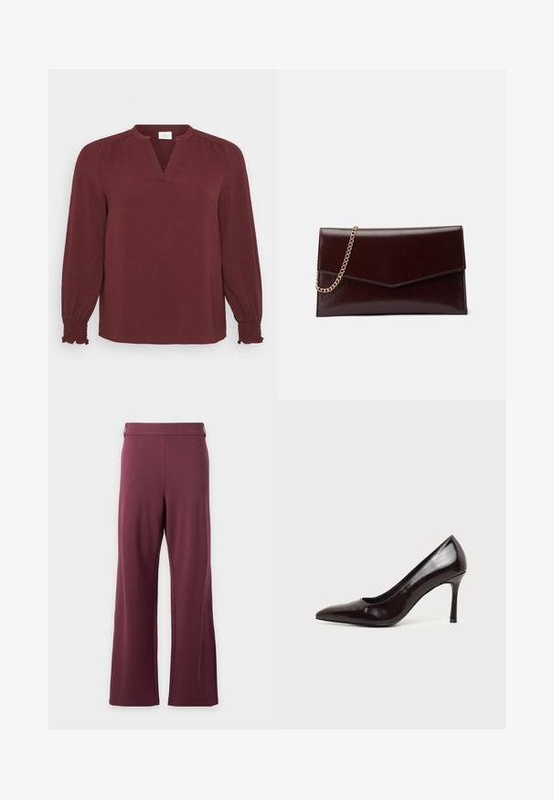 Blusa burdeos con mangas largas, escote en V, detalles plisados en los hombros y puños fruncidos. Está hecha de una tela texturada y ligera.; Pantalones de talle alto y pierna ancha en un morado oscuro sólido, con una cintura lisa y sin bolsillos o patrones visibles.; Zapato de tacón alto de cuero negro con punta afilada y tacón de aguja delgado sobre un fondo claro y liso.; Bolso de mano de cuero en burdeos oscuro con diseño de sobre. Presenta una cadena dorada, textura suave y cierre en forma de punta.