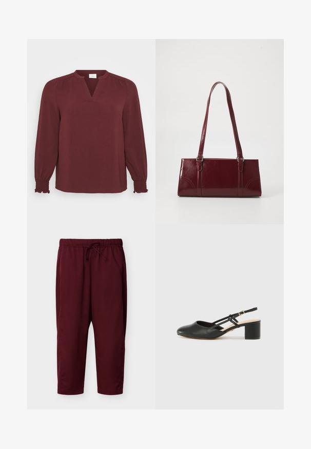 Blusa burdeos con mangas largas, escote en V, detalles plisados en los hombros y puños fruncidos. Está hecha de una tela texturada y ligera.; Pantalones con cintura elástica color granate con cordón ajustable, piernas rectas y bolsillos laterales, exhibidos sobre un fondo claro.; Zapato slingback de cuero negro con punta redonda, tacón cuadrado y múltiples correas entrelazadas. Textura suave y diseño sencillo.; Bolso burdeos hecho de material brillante, de forma rectangular, con dos asas para el hombro y sutiles acentos curvados en la parte frontal.