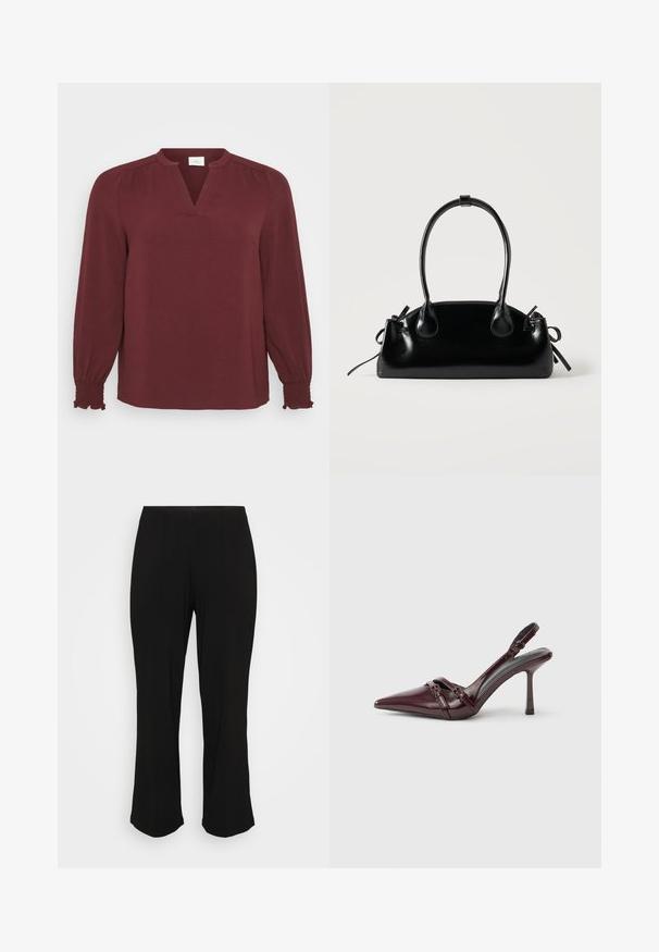 Blusa burdeos con mangas largas, escote en V, detalles plisados en los hombros y puños fruncidos. Está hecha de una tela texturada y ligera.; Pantalones negros acampanados con un acabado suave y detalles de pliegue sutiles, exhibidos sobre un fondo blanco liso.; Zapato de tacón slingback de charol burdeos con puntera puntiaguda, fina correa en el tobillo y pequeño detalle decorativo de hebilla. Textura suave y tacón alto.; Pequeño bolso negro brillante con dos asas largas y detalles de cordón lateral sobre un fondo claro liso.