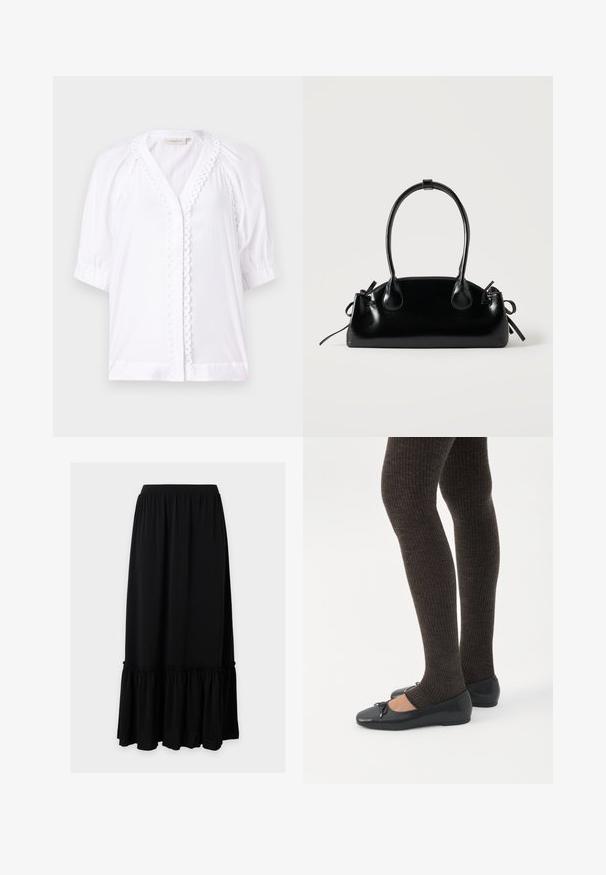 Witte blouse met korte poffertjesmouwen, V-hals, gekartelde afwerking langs de sluiting, en een gladde stoftextuur. Geen zichtbare sluitingen.; Lange zwarte rok met elastische tailleband en geraffelde ruchezoom op een effen lichte achtergrond.; Benen met donkere geribbelde leggings gecombineerd met zwarte ballerina's met kleine strikdetails op een witte achtergrond.; Kleine zwarte glanzende handtas met twee lange hengsels en zijkant trekkoord details op een effen lichte achtergrond.