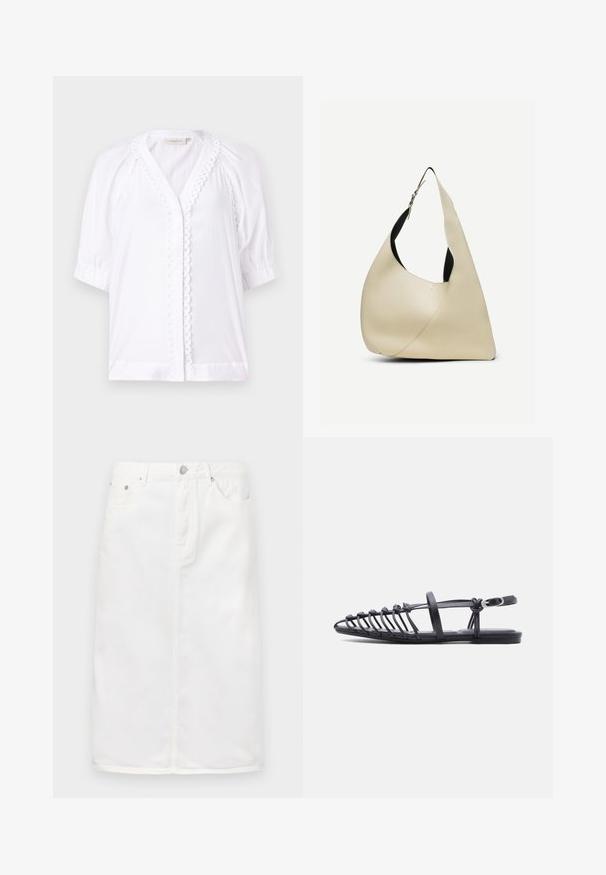 Hvid bluse med korte puffærmer, V-udskæring, bølget kant langs knaplisten og glat stofstruktur. Ingen synlige lukninger.; Hvid denimnederdel med lynlås foran, fem lomme-design og lige silhuet med stikninger.; Sort flad sandal med flere tynde remme, ankelrem med spænde og åben tå-burdesign på hvid baggrund.; Skuldertaske i cremelærret glat læder med buet trekantet form og justerbar rem med sølvspænde.