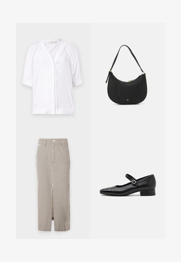Witte blouse met korte poffertjesmouwen, V-hals, gekartelde afwerking langs de sluiting, en een gladde stoftextuur. Geen zichtbare sluitingen.; Gestreepte midi rok in lichtbeige en donkerbruin, gemaakt van katoen, met een voorzijde split en riemlussen. Klassiek ontwerp en nauwsluitende pasvorm.; Zwarte leren Mary Jane schoenen met een gepatenteerde neus, verstelbare enkelband en lage blokhak. Een gladde textuur en een elegante uitstraling.; Zwarte leren handtas met een gebogen vorm, textuuroppervlak, voornaden en een logo in goudkleur. Beschikt over een enkele verstelbare schouderband.
