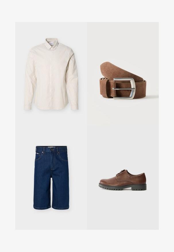 Chemise à manches longues beige et blanche à rayures verticales avec col boutonné, présentée sur un fond blanc uni.; Short en denim bleu foncé avec poches avant, passants de ceinture, fermeture par bouton et coutures contrastantes.; Chaussure oxford en cuir marron avec une texture lisse, bout rond et semelle extérieure en caoutchouc noir avec un motif de semelle. Lacets fixés à l'avant.; Ceinture en daim marron roulée avec une boucle rectangulaire en métal argenté sur un fond clair uni.