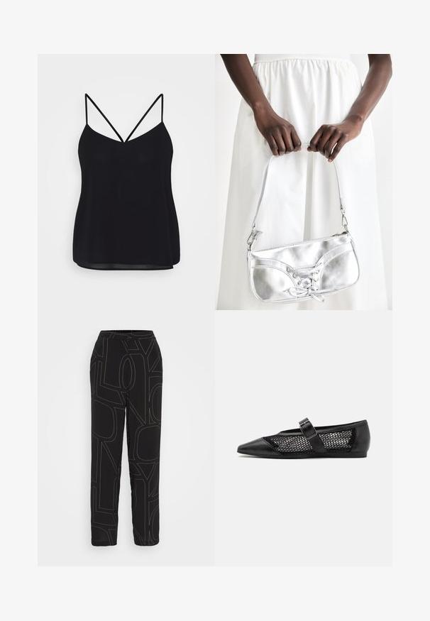 Camisole noire avec des bretelles fines réglables, un décolleté en V et un tissu lisse légèrement transparent. Design décontracté avec une coupe ample.; Pantalons noirs à coupe décontractée, avec des formes et motifs en texte contrastés blancs, taille élastique et texture de tissu douce.; Chaussure plate noire avec un bout pointu, panneaux latéraux en maille et une sangle avec une boucle décorative. Fini lisse sur les sections du bout et du talon.; Sac à main en métal argenté avec un détail à lacets, arborant un design épuré et une courte sangle. Le sac est tenu dans les mains, mettant en valeur sa texture.