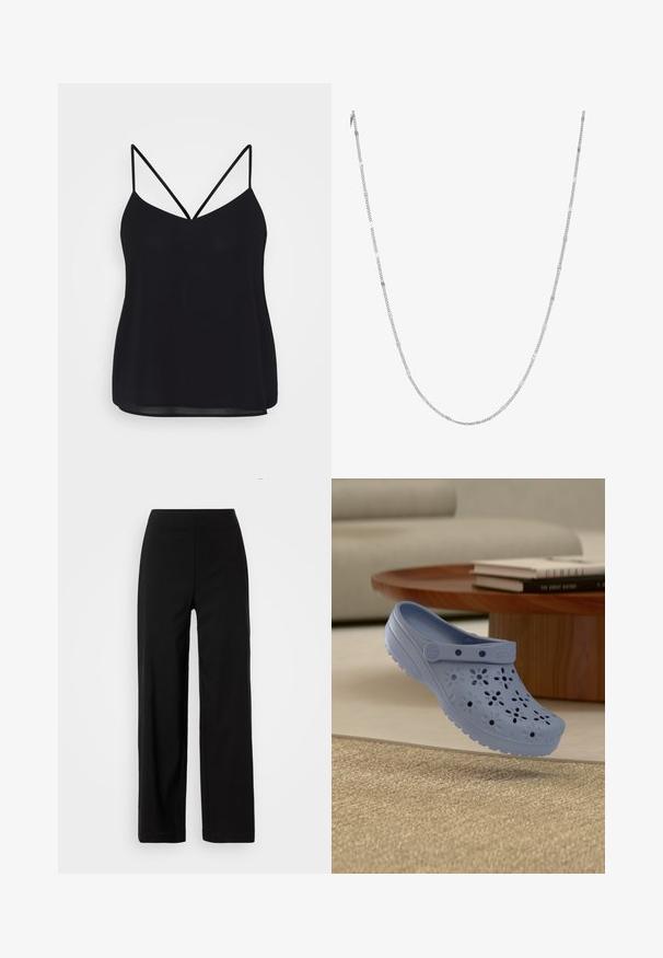 Camisole noire avec des bretelles fines réglables, un décolleté en V et un tissu lisse légèrement transparent. Design décontracté avec une coupe ample.; Pantalons larges noirs avec une taille élastique. Fabriqués dans un tissu lisse, présentant un design épuré et minimaliste sans poches visibles.; Sabot bleu clair avec des trous de ventilation en forme de fleurs flottant au-dessus d'un tapis beige, près d'une table basse en bois avec des livres empilés.; Collier en chaîne argentée avec des maillons rectangulaires plats et ronds alternés, ayant une finition lisse et polie ainsi qu'une texture douce.