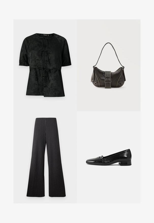 Schwarze kurzärmlige Bluse mit subtilen floralen Jacquard-Muster, drei vorderen Bindeschlaufen und elastischen Ärmelbündchen.; Weite schwarze Stoffhosen mit weißen Streifen. Sie haben eine hohe Taille und eine glatte Textur. Keine sichtbaren Verzierungen.; Schwarze Lackleder-Ballettschuhe mit spitzem Zehenbereich, niedrigem quadratischem Absatz und einem kleinen metallischen Schnallenakzent am Riemen. Glatte Textur.; Schwarze Leder-Schultertasche mit Schnallengurt-Detail, abgerundeten Kanten und kontrastierenden weißen Nähten auf schlichtem Hintergrund.