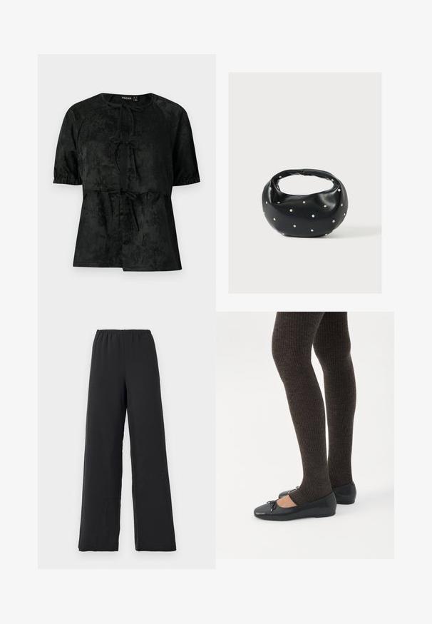Sort kortærmet bluse med subtilt blomster-jacquardmønster, tre frontlukkemekanismer med snøring og elastiske ærmekanter.; Sorte wide-leg bukser lavet af blødt stof, med et elastisk talje bånd og en glat, mat overflade uden mønstre eller accenter.; Ben iført mørke ribbede leggings kombineret med sorte balletsko med små sløjfedetaljer på hvid baggrund.; Sort læderhåndtaske med en rundet form, dekoreret med sølvnitter, og et kort håndtag. Glat tekstur og lynlåslukning.