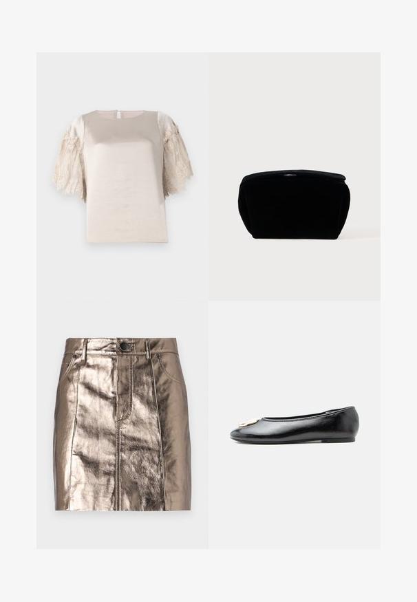 Haut beige avec des manches courtes bordées de dentelle ; texture lisse avec un col rond et une ouverture en forme de goutte au dos.; Mini jupe en denim bronze métallisé avec une coupe droite, poches avant et une taille avec fermeture à bouton. Texture lisse et brillante.; Chaussure plate en cuir verni noir avec une décoration en boucle ronde dorée sur le bout, vue de côté sur un fond blanc uni.; Trousse de maquillage en velours noir avec une surface douce et texturée, un dessus arrondi et une fermeture éclair. Design compact, adapté à divers besoins de rangement.