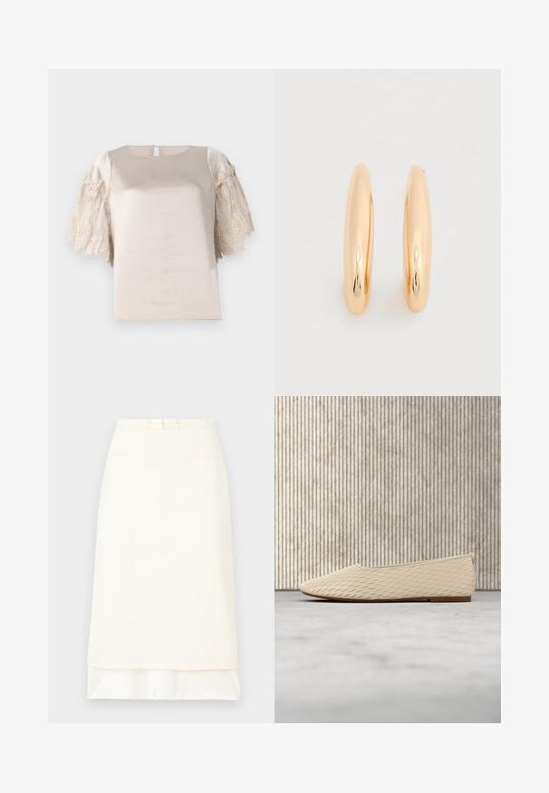 Haut beige avec des manches courtes bordées de dentelle ; texture lisse avec un col rond et une ouverture en forme de goutte au dos.; Jupe blanche sur mesure avec une texture lisse, dotée d'une taille ceinturée et de deux poches avant. Coupe droite avec un ourlet arrière légèrement plus long.; Chaussure plate beige à enfiler avec un motif de couture diagonale subtil, posée sur un tapis texturé, avec une table ronde de couleur ambre en arrière-plan.; Boucles d'oreilles créoles en ton or avec une finition lisse et brillante. Forme arrondie et allongée pour une élégance moderne. Dimensions non spécifiées.