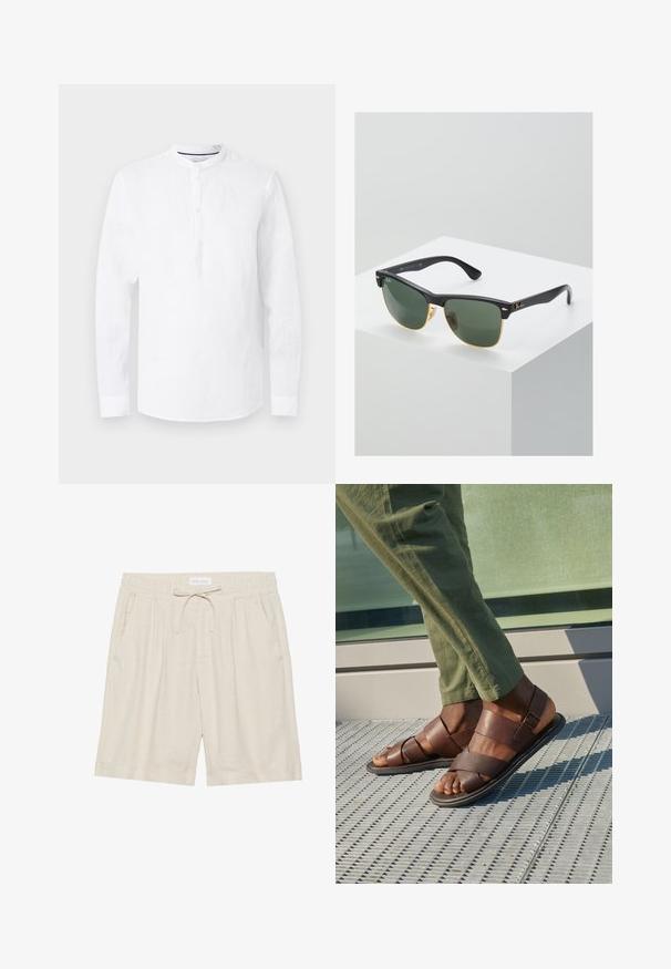 Chemise blanche à manches longues avec col mandarin et patte de boutonnage trois boutons, présentée à plat sur un fond gris clair.; Shorts en lin beige avec taille élastique, cordon de serrage et poches latérales. Coupe décontractée avec jambe droite et ourlet retourné.; Sandales en cuir marron avec un design à lanières, ornées d'un détail de boucle, portées avec un pantalon vert sur une surface texturée.; Lunettes de soleil Ray-Ban avec des verres verts, monture en plastique noir et accents dorés sur les bords. Forme carrée avec une finition mate.