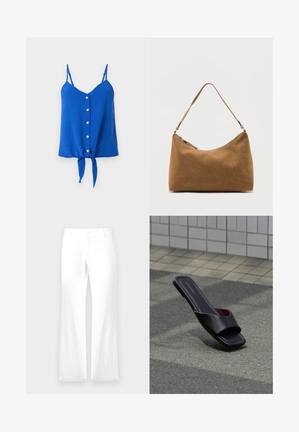 Haut sans manches bleu avec un décolleté en V, six boutons blancs sur le devant et un nœud noué à l'ourlet. Tissu texturé avec des bretelles fines.; Pantalons en lin blanc avec une jambe droite, fermeture à bouton et sans motifs visibles. Texture lisse et design minimaliste.; Sandale slide marron foncé à bout carré et large bride, posée sur un goudron gris près d'un trottoir carrelé.; Sac à bandoulière en daim marron avec une seule sangle et une fermeture éclair supérieure, présenté sur un fond blanc uni.