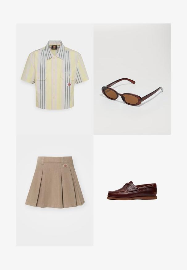 Chemise à manches courtes, coupée, de couleur jaune clair avec des rayures verticales vertes et pastel. Elle possède deux poches sur la poitrine et un patch logo sur la poche gauche.; Jupe plissée beige en tissu texturé. Dotée d'une taille avec passants de ceinture et d'une patch logo sur le côté gauche.; Chaussure bateau en cuir marron avec lacets, détails de couture et logo Timberland sur le côté, présentée sur un fond blanc.; Lunettes de soleil rondes teinte brun avec une monture bordeaux brillante. Branches fines avec un détail de marque subtil. Design de verres plats.
