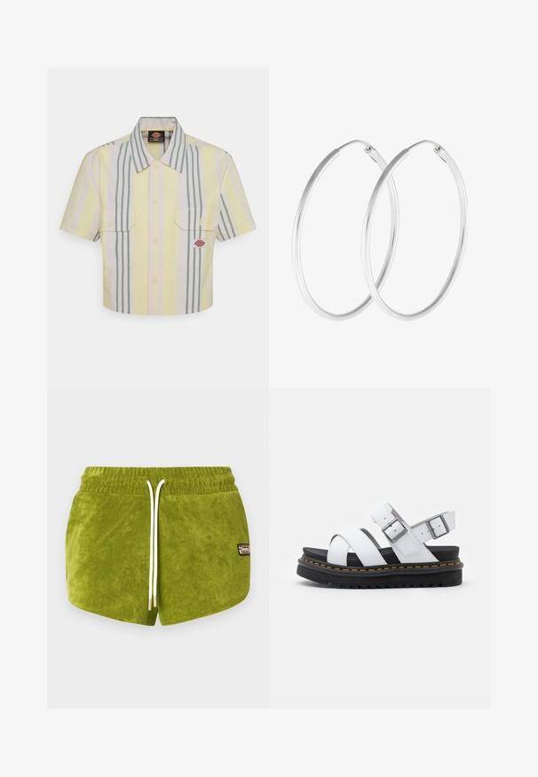 Korte mouwen overhemd in lichtgeel met verticale groene en pastel strepen. Beschikt over twee borstzakken en een logo-opdruk op de linkerzak.; Groene shorts van badstof met een taillekoord, witte koord en gouden metalen uiteinden; voorzien van een klein logoplaatje aan de zijkant.; Witte leren sandalen met verstelbare gespsluitingen, gelaagde zwarte plateauzool en oranje stiksel langs de rand.; Zilverkleurige oorringen met een gladde, ronde vorm en een gepolijste afwerking. Beide oorbellen zijn van dezelfde grootte en hebben een veilige sluitmechanisme.