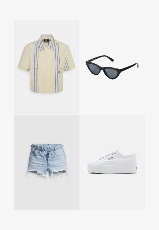 Chemise à manches courtes, coupée, de couleur jaune clair avec des rayures verticales vertes et pastel. Elle possède deux poches sur la poitrine et un patch logo sur la poche gauche.; Shorts en denim bleu clair avec bords effilochés, cinq poches et fermeture à boutons. La texture est douce avec un aspect légèrement usé.; Baskets en toile blanches avec une épaisse semelle plateforme blanche, bout rond et œillets en métal pour les lacets. Logo de la marque affiché sur le côté.; Lunettes de soleil noires en forme d'œil de chat avec des verres gris foncé, monture en plastique élégante, coins pointus et branches droites. Pas de métal visible ni d'accents.