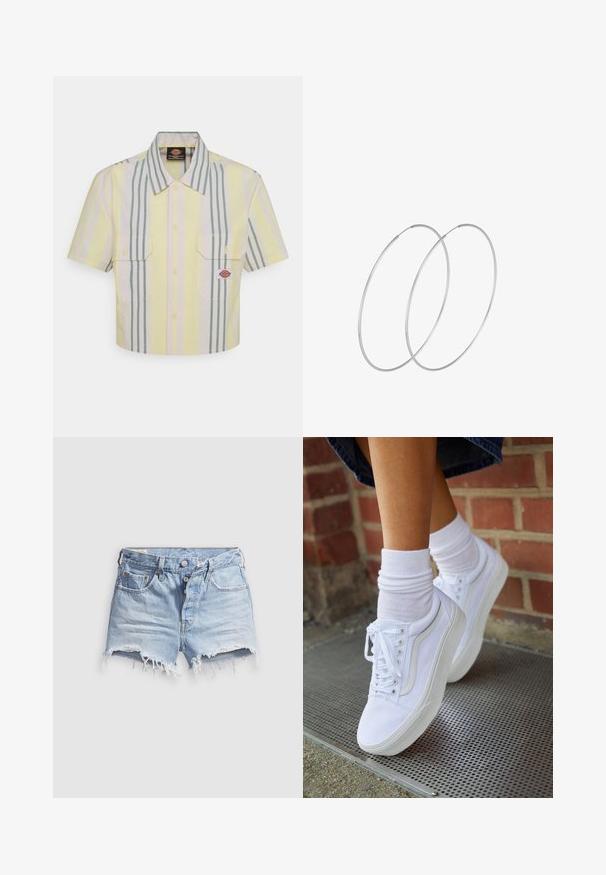 Korte mouwen overhemd in lichtgeel met verticale groene en pastel strepen. Beschikt over twee borstzakken en een logo-opdruk op de linkerzak.; Lichtblauwe denim short met afgeknipte pijpen en rafelige zoom, vijf zakken en een knoopsluiting. De stof is zacht en heeft een licht versleten uitstraling.; Witte canvas sneakers met rubberen zolen, voorzien van zes vetertjes, een ronde neus en lichte stikdetails, gecombineerd met witte enkelsokken.; Zilveren hoepel oorbellen met een minimalistisch ontwerp. Cirkelvormig, gladde textuur en dun profiel. Lichtgewicht met een gepolijste afwerking.