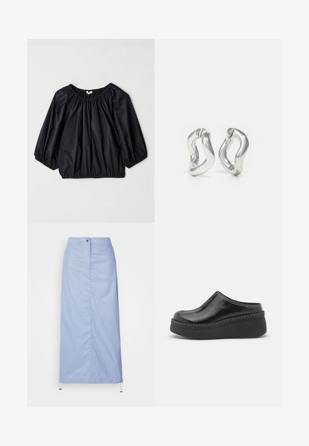Blouse noire légère avec un col et des poignets élastiques. Présente une forme ample et ballon ainsi qu'une texture lisse et brillante.; Jupe bleu clair, de longueur intermédiaire, en matériau léger et lisse avec une coupe droite, dotée d'une fermeture à boutons à l'avant et d'un ourlet à cordon.; Sabots à plateforme noirs brillants avec un orteil arrondi, un dessus arrondi et des coutures blanches contrastantes le long du bord de la semelle.; Boucles d'oreilles créoles argentées avec un design torsadé. Bords arrondis et finition brillante. Fermoirs ouverts pour un port facile. Texture lisse sur toute la surface.