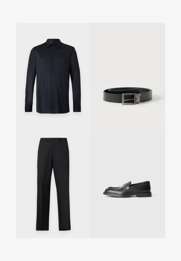 Camisa negra de manga larga con botones, cuello puntiagudo y pequeño logo bordado en el pecho izquierdo sobre un fondo liso.; Pantalones negros de pierna recta hechos de tela suave. Cuentan con una pretina estándar y no tienen patrones ni detalles visibles.; Mocasines de cuero negro con acabado texturizado, que cuentan con una correa decorativa en la parte delantera y punta redondeada. Suela de goma para mayor durabilidad.; Cinturón de cuero negro con acabado texturizado, con una hebilla de metal plateado, diseño plano y un forro interior liso.