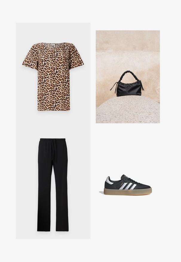 Top de manga corta con estampado de leopardo que presenta un escote redondeado, hecho de una tela suave con un fondo beige y manchas marrón negras.; Pantalones con cintura elástica negra y cordón, con una textura suave y piernas rectas de longitud completa sin bolsillos.; Zapatilla deportiva de cuero negro con tres rayas plateadas, punta texturizada y suela de goma. Cuenta con un collar acolchado y un diseño con cordones.; Bolso negro fruncido con asa recogida, apoyado sobre una esfera de piedra texturizada frente a una pared de hormigón beige.