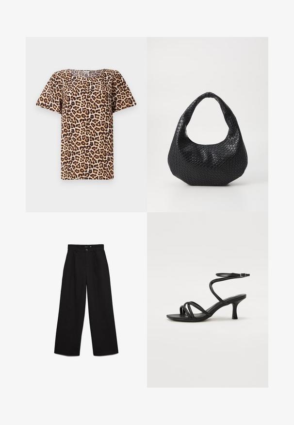 Top de manga corta con estampado de leopardo que presenta un escote redondeado, hecho de una tela suave con un fondo beige y manchas marrón negras.; Pantalones negros de cintura alta y pierna ancha con cierre de botón y cremallera, trabillas para cinturón y pliegues delanteros.; Even&Odd Wide Fit by Zalando Sandalias - black; Bolso de mano tejido en negro con un asa curvada, que presenta una superficie texturizada y una forma holgada. Acabado suave con una silueta orgánica.